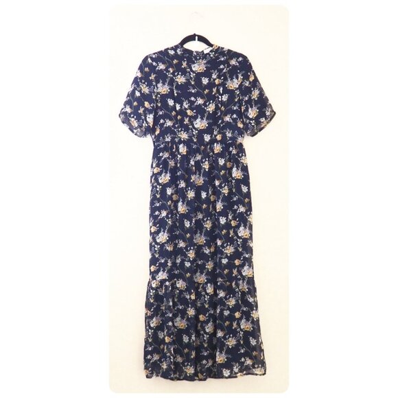 Roolee Mom Navy Blue Floral Short Sleeve Modest Nursing Maxi Dress sz S - Picture 2 of 7
